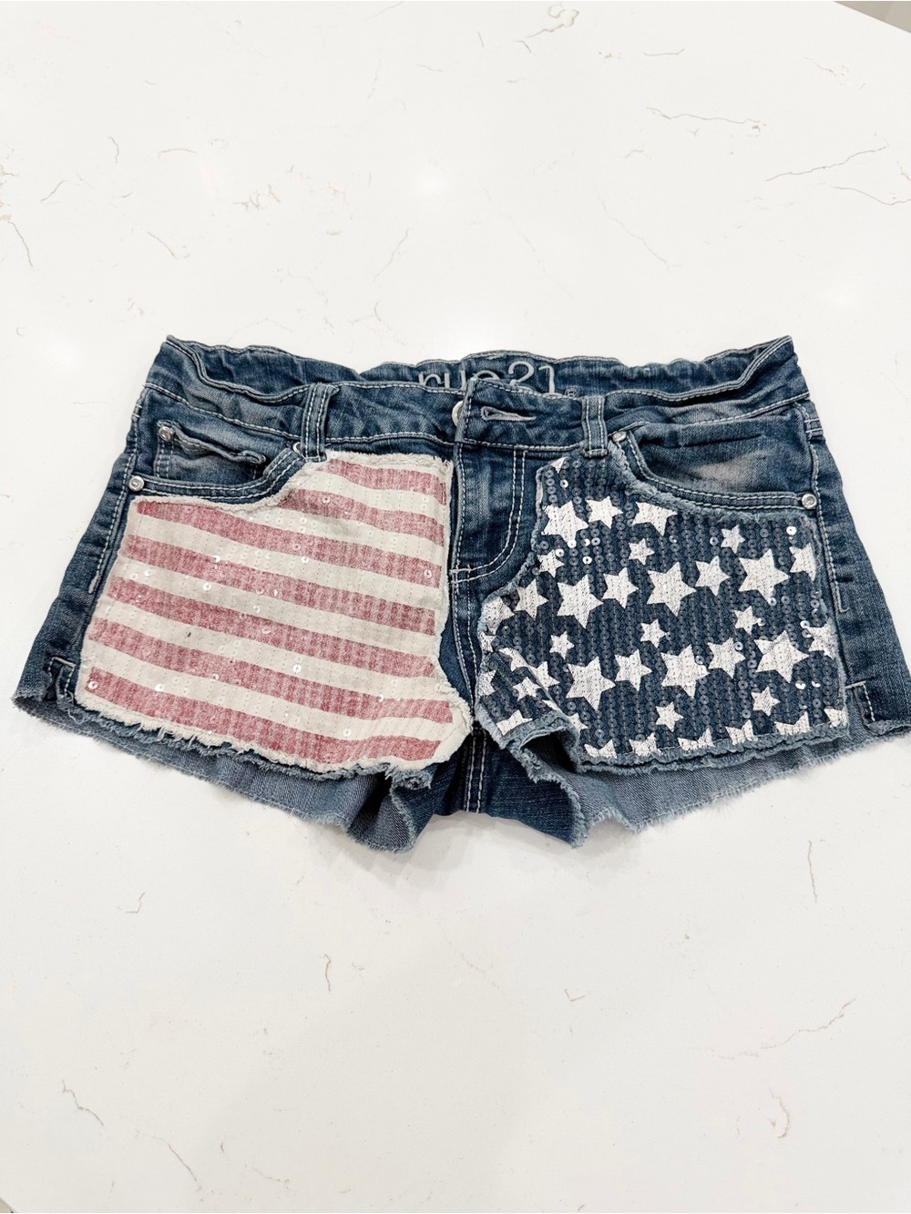 Y2K McBling American Flag Sequin Denim Shorts Size 9/10